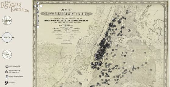 Map of noise complaints in New York City in the 1920s on the Roaring Twenties website